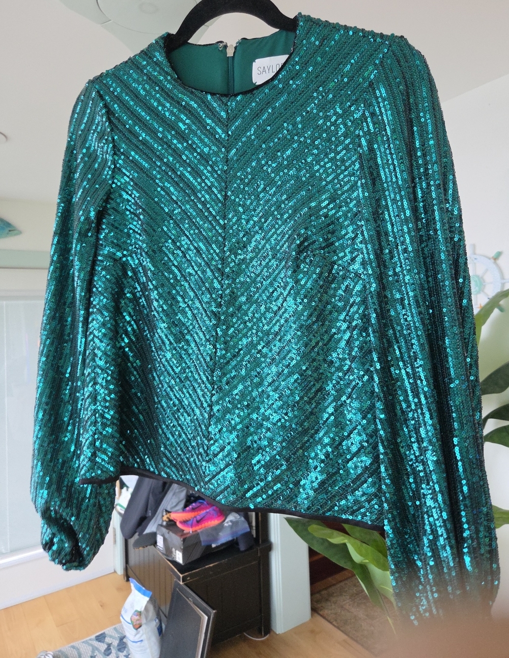 SAYLOR Emerald Teal Sequin Long-Sleeve Top